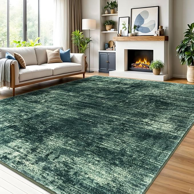 IOHOUZE Abstract Area Rugs 9x12 Ft Washable Large Rugs for Living Room, Non Slip Dining Room Rug, Printed Faux Wool Rugs for Bedroom, Floor Carpet for Office Nursery Playroom, Dark Green