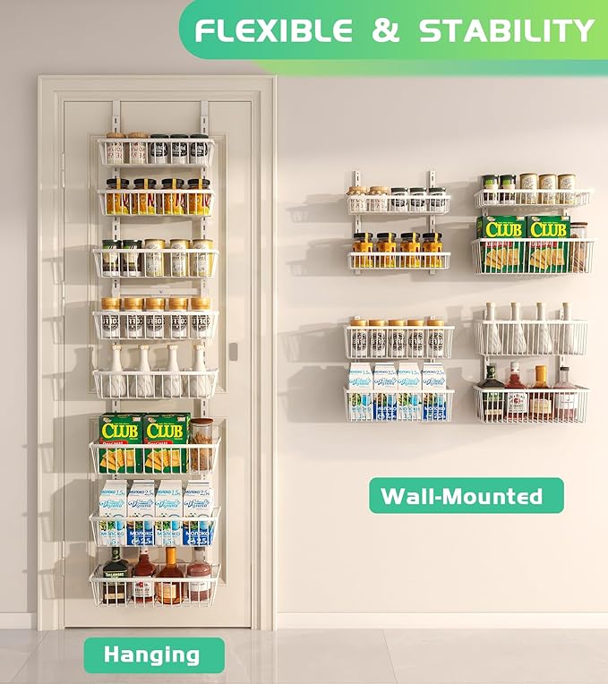 White 12 Inch Wide Narrow Over The Door Pantry Organizer, Pantry Organization and Storage, 8-Tier Metal Hanging Deep Basket Wall Spice Rack Seasoning Shelves, Home & Kitchen Essentials