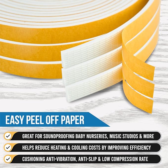High Density Foam Weather Stripping Door Seal Strip Insulation Tape Roll for Insulating Door Frame, Window, Air Conditioner | Self Adhesive Sealing Weatherstrip (White, 1 in x 1/8 in x 30 Ft)