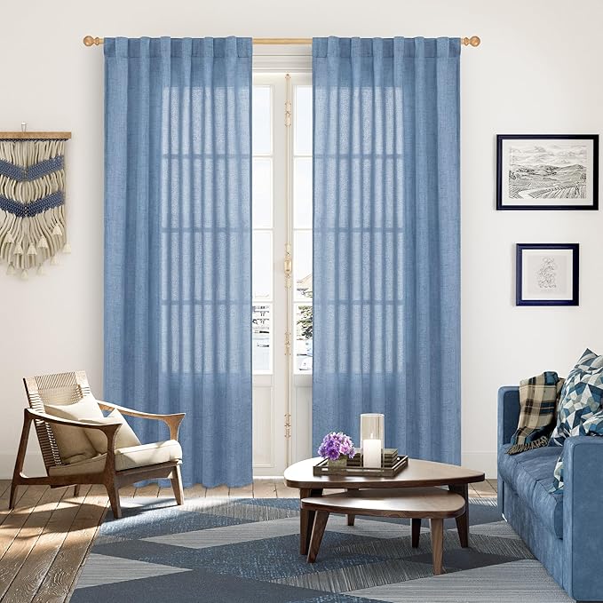 YoungsTex Denim Blue Linen Curtains 80 Inch Length for Living Room, Light Filtering Semi Sheer Window Drapes Rod Pocket Back Tab Curtain for Bedroom Dining Room Coastal Privacy, 2 Panels, 52 X 80 Inch