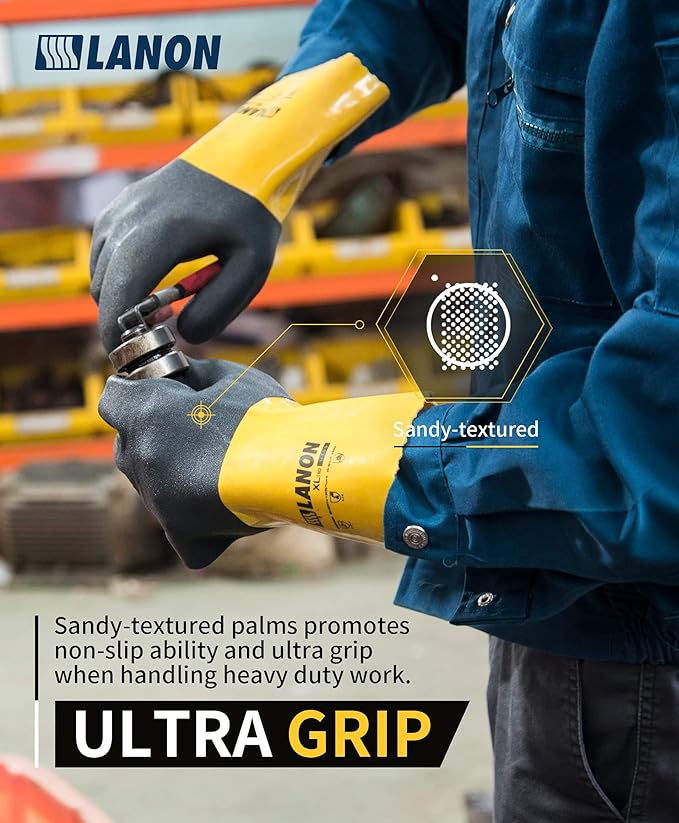 LANON 3 Pairs PVC Chemical Gloves, Thick Rubber Work Gloves, Heavy-Duty, EN 374/388, Acid, Alkali and Oil, Non-Slip, Large