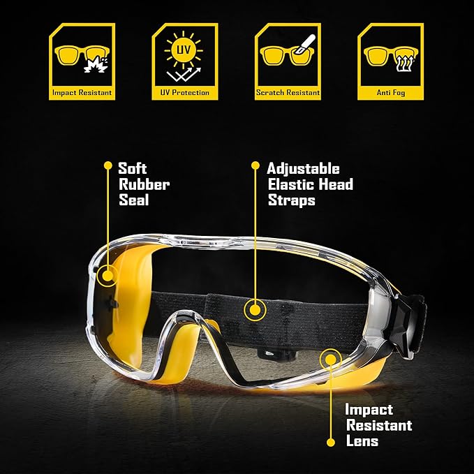 COOLJOB Safety Goggles Over Glasses with Anti-Fog Clear Lens, ANSI Z87.1 Impact Resistance and UV Proof, Adjustable Headband