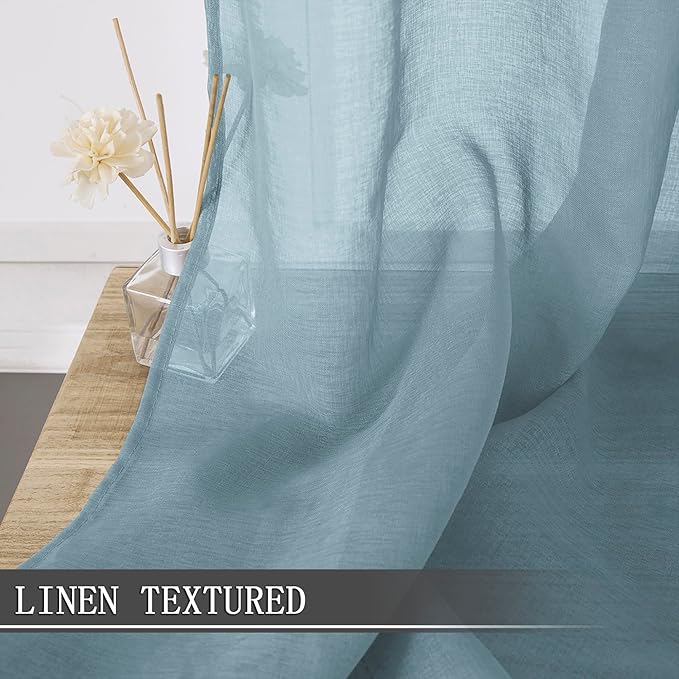 Tollpiz Short Sheer Tier Curtains Linen Textured Half Kitchen Curtain Sheers Light Filtering Rod Pocket Voile Small Curtain for Bathroom, 25 x 24 inches Long, Dusty Blue, Set of 2 Panels
