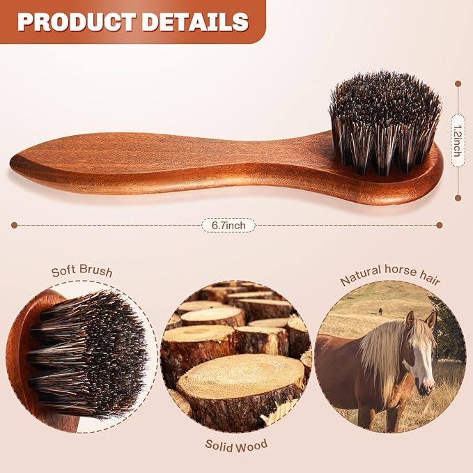 4 Pcs Horsehair Shine Shoes Brush Kit Polish Dauber Applicators Cleaning Leather Shoes Boots Care Brushes Suede Cleaner Brush with Microfiber Shoe Cloth(Brown Handle B)