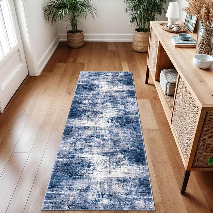 IOHOUZE Abstract Runner Rug 2x7 Ft Washable Runners for Hallways, Non Slip Kitchen Runner Printed Faux Wool Entryway Runners Indoor, Modern Abstract Floor Carpet for Hall Kitchen Bedroom, Navy/Grey