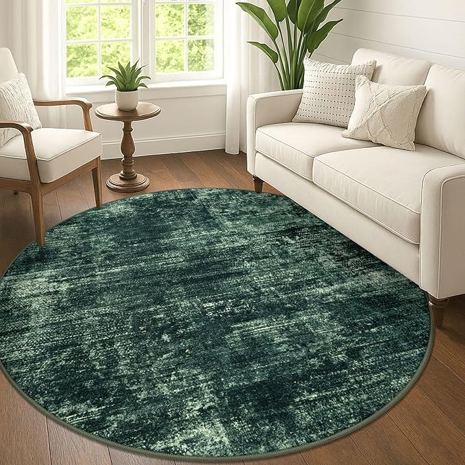 IOHOUZE Abstract Round Area Rug 6 Ft Washable Circle Rugs Large Round Rug Non Slip Thin Soft Circle Rugs, Printed Faux Wool Floor Carpet for Bedroom Living Room Dining Room Nursery, Dark Green