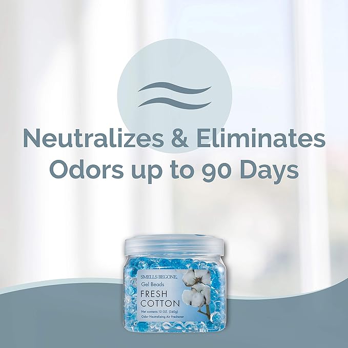 SMELLS BEGONE Odor Eliminator Gel Beads - Air Freshener - Eliminates Odor in Bathrooms, Cars, Boats, RVs & Pet Areas - Made with Essential Oils - Fresh Cotton Scent - 12 Ounce