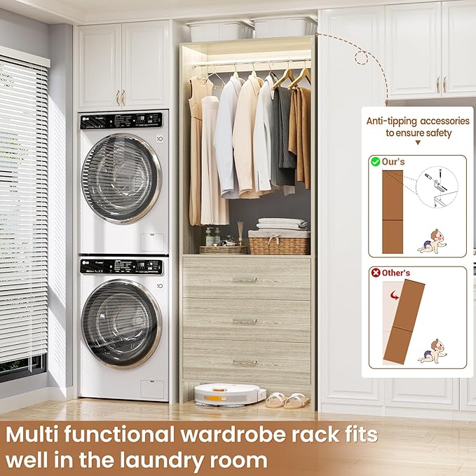 Aheaplus 2FT Closet System with 3 Drawers, 24’’ Closets Organizer, Wood Closet Organizer System, Walk-in Closets or Small Wardrobe, Clothes Rack with Hanging Rods, White Oak