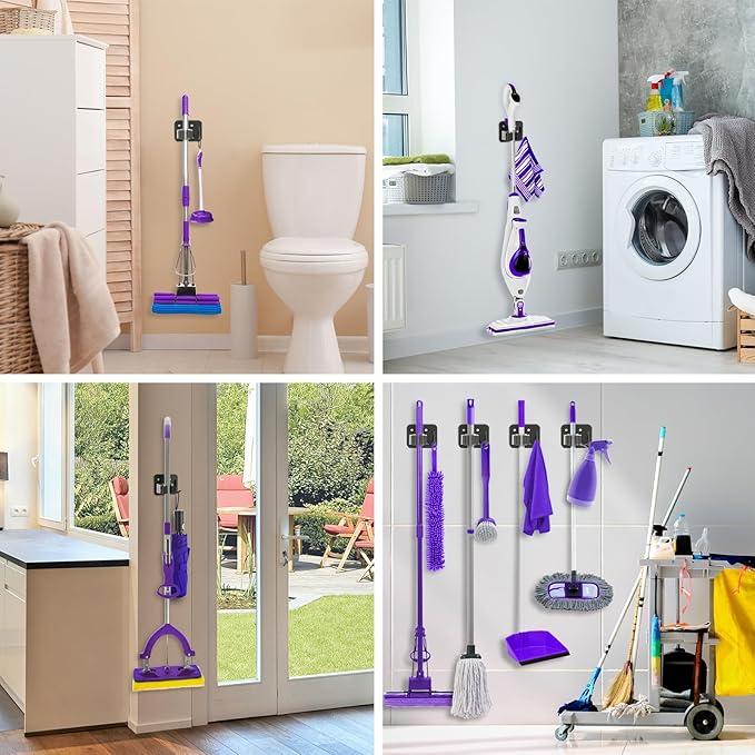 Broom Holder Wall Mount Screw Drilling, Sturdy Heavy Duty Stainless Steel Mop Gripper Rack Perforated, Perfect for Laundry Room Organizer, Fit with Laundry Kitchen Garage Garden Storage System