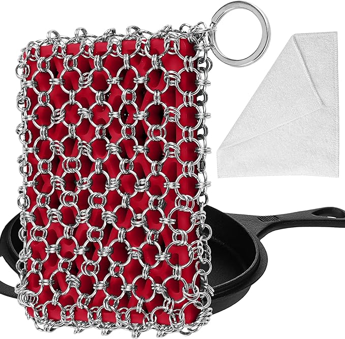 Herda 316L Cast Iron Scrubber Cleaner, Large Cast Iron Chain Mail Scrubber - Chainmail Scrubber Sponge - Metal Skillet Scrubbing, Wok, Dutch Oven Cleaning Kit