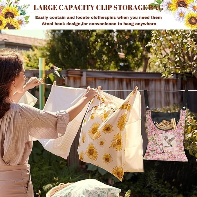 Hummingbird and Cherry Blossom Clothes Pin Hanging Bag, Clothes Pin Hanging Bag Space-Saving Organize Clothespin Bag Large Capacity Clothespin Bag with A Large Opening for Clothesline Outdoor