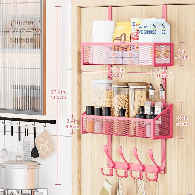 Over The Door Hooks Organizer, Coat Rack Over The Door Storage Hanger Towel Rack, Back of Storage Organizer for Bathroom,Bedroom,Kitchen,Office (Pink 3-Tier)