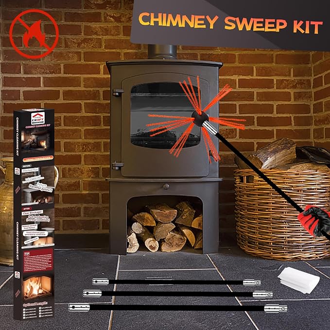 20 Feet Chimney Sweep Kit, Chimney Cleaning Kit with 6 Flexible Black Chimney Rods, Chimney Brush, Rotary Chimney Cleaning System Driven by Drill