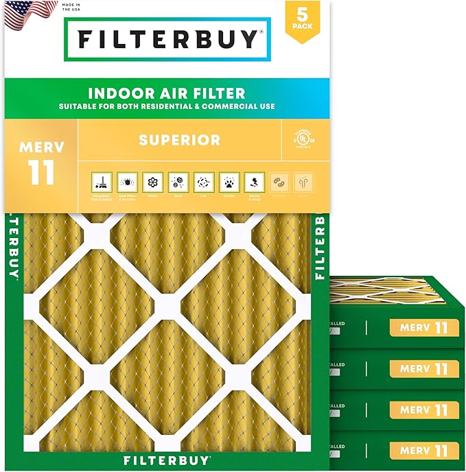 Filterbuy 14x18x2 Air Filter MERV 11 (MPR 1200) Allergen Defense Replacement (5-Pack), Electrostatic Pleated HVAC AC Furnace Filters, Made in USA (Actual Size: 13.50 x 17.50 x 1.75)