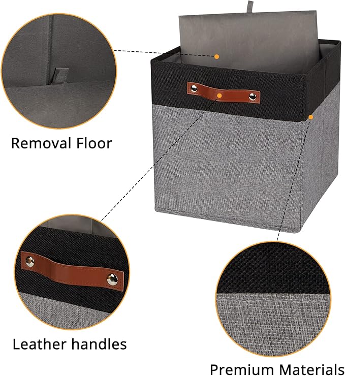 DULLEMELO 13x13 Storage Cubes, Collapsible Sturdy Cube Storage Bins With Handles for Organizing,Fabric Storage Cubes Baskets for Shelves Nursery Closet Home Organization and Storage (Black&Grey)