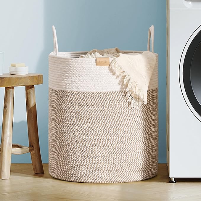 80L Laundry Hamper Basket,Baby Nursery Woven Storage Basket for Toys Bin,Pillows,Blankets,Clothes,Brown&White