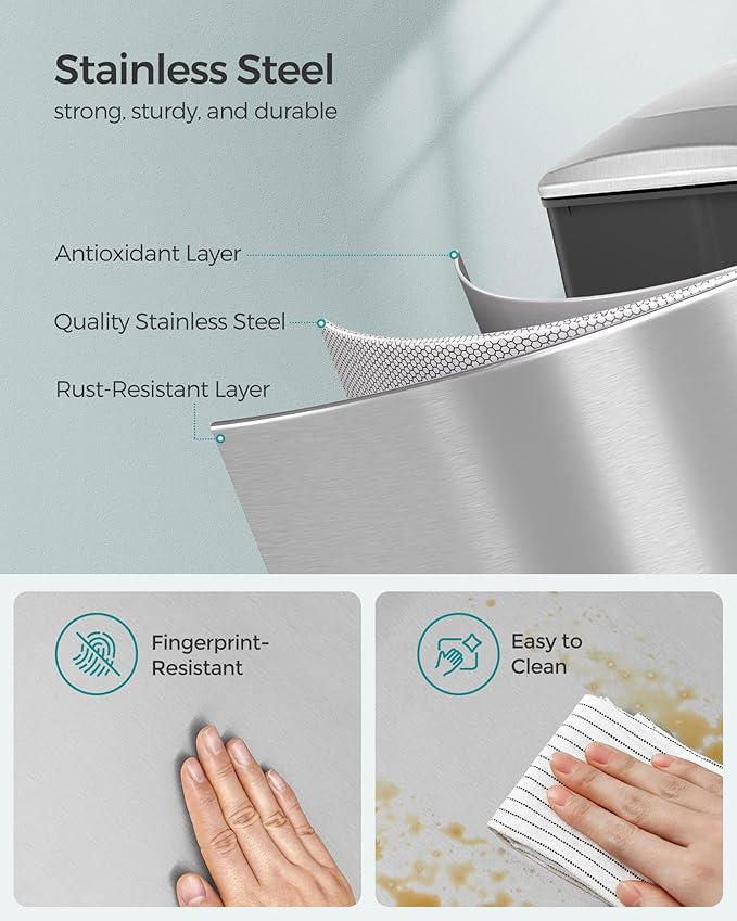 SONGMICS Slim Trash Can, 13-Gallon (50 L) Garbage Can for Narrow Spaces with Soft-Close Lid, Inner Bucket, and Step-on Pedal, Stainless Steel, 15 Trash Bags Included, Silver ULTB510E48