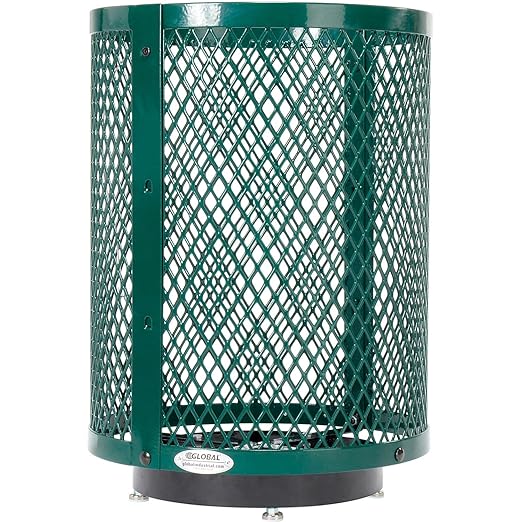 Global Industrial Outdoor Diamond Steel Trash Can with Rain Bonnet Lid, Raised Base and Plastic Liner, 36 Gallon Capacity, Green, Thermoplastic Coating, 23-1/2" Diameter, 43-1/2"H