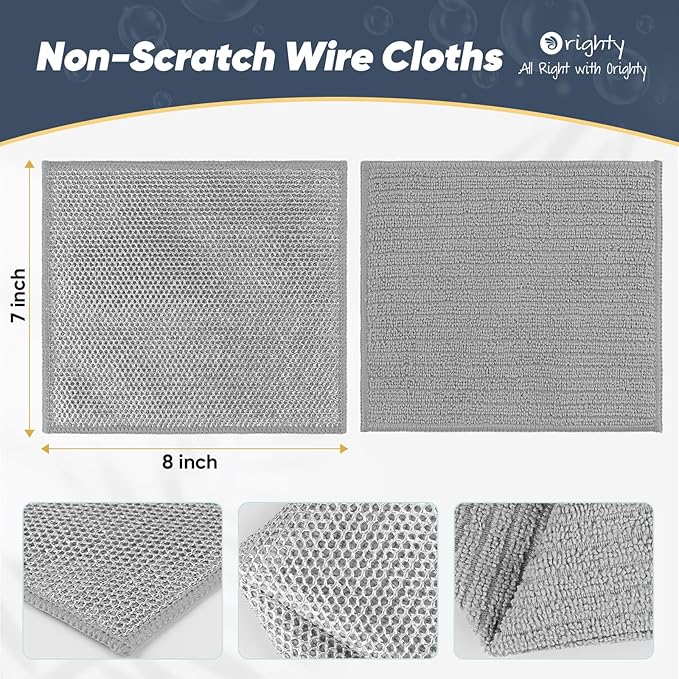 Orighty Multipurpose Wire Dishwashing Rag 24 Pcs, Upgraded Double-Layer Non-Scratch Wire Dish Cleaning Cloths, Reusable Steel Scrubber for Kitchen, Powerful Dishcloth Rag for Cookware, Grey, 7"x8"