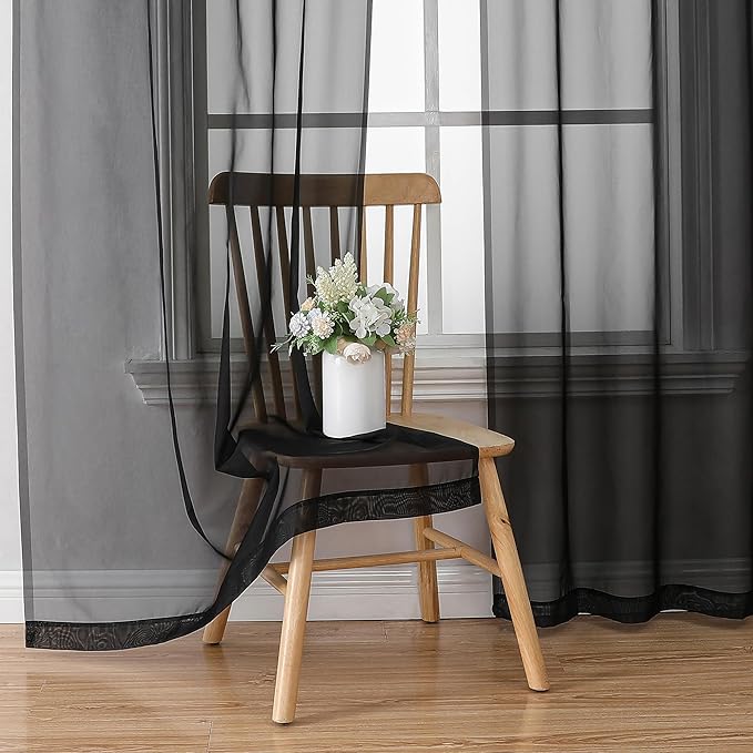 Chyhomenyc Sheer Black Curtains 90 inches Long 2 Panels, Light Filtering Soft Airy Solid Elegant Voile Window Treatment Drapes for Bedroom Living Room Wedding Party Decor, 42 Wx90 L Inches
