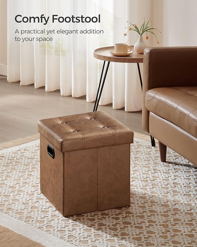 SONGMICS Mazie Collection - 15 Inches Ottoman with Storage, Footstool, Storage Ottoman with Metal Handles, Load 660 lb, for Dorm, Living Room, Bedroom, Synthetic Leather, Coffee Brown ULSF030K01