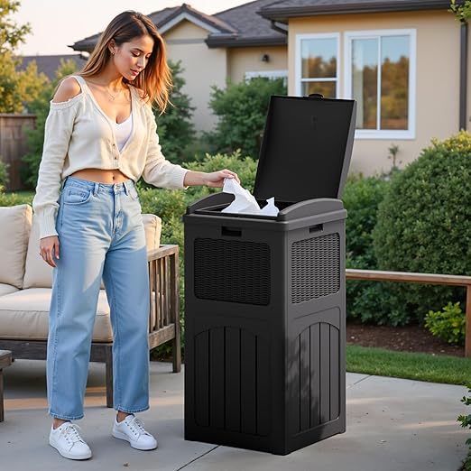 Flamaker 30 Gallon Trash Can, Resin Outdoor Garbage Can with Lid, Waterproof Hideaway Patio Waste Bins for Outside Use (2 Pack, Gray)