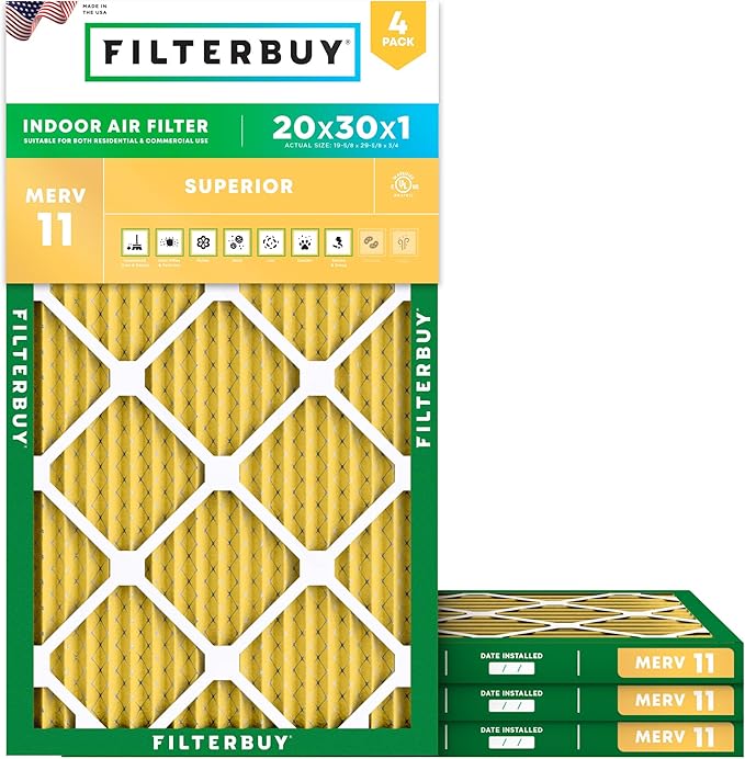 Filterbuy 20x30x1 Air Filter MERV 11 (MPR 1200) Allergen Defense Replacement (4-Pack), Electrostatic Pleated HVAC AC Furnace Filters, Made in USA (Actual Size: 19.63 x 29.63 x 0.75)