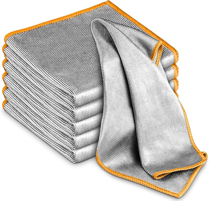 Glass Polishing Cloth Streak Free Miracle Microfiber Cleaning Cloth Lint Free Cleaning Rags for Glasses Kitchen Dish Mirrors Easy Clean, Pack of 6, 12" x 12", Sliver-Orange