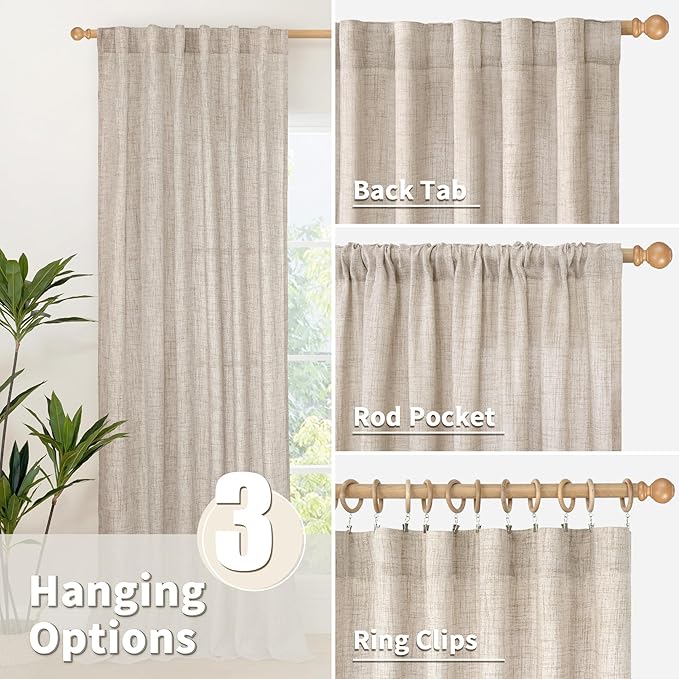 YoungsTex Linen Semi Sheer Curtains 78 Inch Length for Living Room, Light Filtering Window Treatments Drapes Rod Pocket Back Tab Natural Privacy for Bedroom, 2 Panels, 52 X 78 Inch