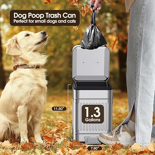 CEROELDA Small Trash Can with Lid-5L/1.3 Gal,Outdoor Dog Poop Garbage Can-Farmhouse Retro Metal Waste Bin w/Step Pedal for Bathroom Bedroom Office-Soft Close-Galvanized Steel…