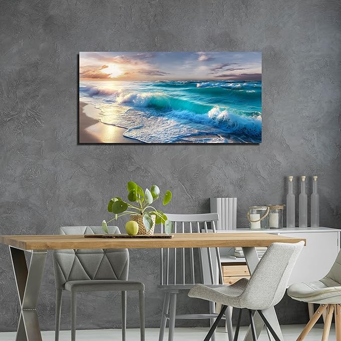 GUGIKA Ocean Wall Art for Living Room, Blue Wave and Large Coastal Beach Canvas Wall-Decor for Bedroom, Gold Sun Scenery Pictures for Hallway Office, Size 48 x 24 Inches