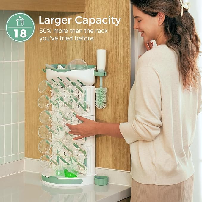 Momcozy DIY Larger Bottle Drying Rack for 18 Bottles, Space Saving Countertop Vertical Rack with Brushes Holder, Detachable Travel Bottle Rack for Baby Accessories & Pump Parts