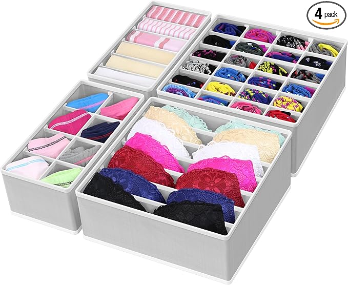 Simple Houseware 4-Pack Drawer Organizer Set - Closet Dividers for Underwear, Socks, Bras, Scarves, Ties - Foldable Non-Woven Storage Boxes, Gray