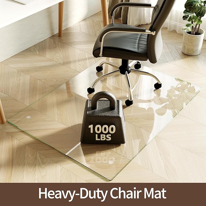 Koonmi Tempered Glass Chair Mat 40"x48" - Premium Office Chair Mat for Hardwood Floors & Low-Pile Carpet with 4 Non-Slip Pads - Thick Scratch-Resistant Surface