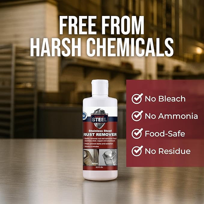 Stainless Steel Rust Stain Remover & Cleaner, Soft Cleanser, Safe for Food Areas, Non-Toxic for Appliances Perfect for Commercial Equipment, Refrigerator, Cybertruck and more (8.5 oz)