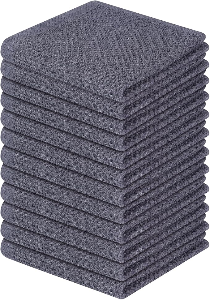 Homaxy 100% Cotton Waffle Weave Kitchen Dish Cloths, Ultra Soft Absorbent Quick Drying Dish Towels, 12 x 12 Inches, 12-Pack, Dark Grey
