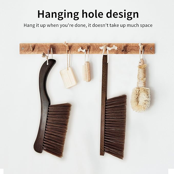 2 Pcs Wooden Hand Broom Brush, Dust Bench Brush Whisk Broom Soft Bristle Brush for Car Bed Furniture Clothes Couch Draft Sofa Fireplace Clothes Household Cleaning with Long Wood Handle(Brown)