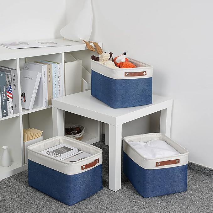 DULLEMELO Fabric Storage Bins, Foldable Storage Baskets for Organizing, Empty Gift Baskets (3-Pack Medium-15 inch X 11 inch X 9.5 inch , White&Blue)