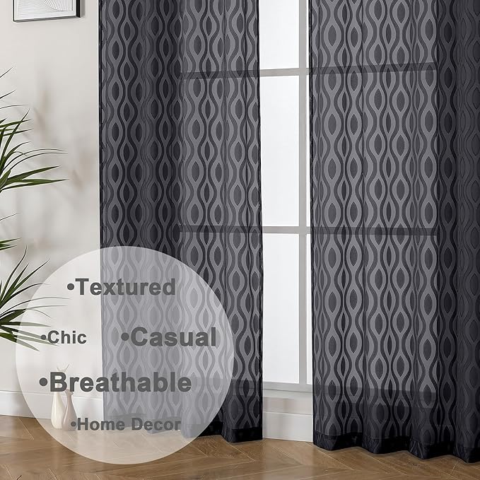Aiyufeng Sheer Black Curtains 84 Inches Long 2 Panels, Solid Airy Light Filtering Clip Jacquard Window Treatments for Bedroom Living Room, Modern Wavy Line Rod Pocket Curtains, Total 80 inches Width