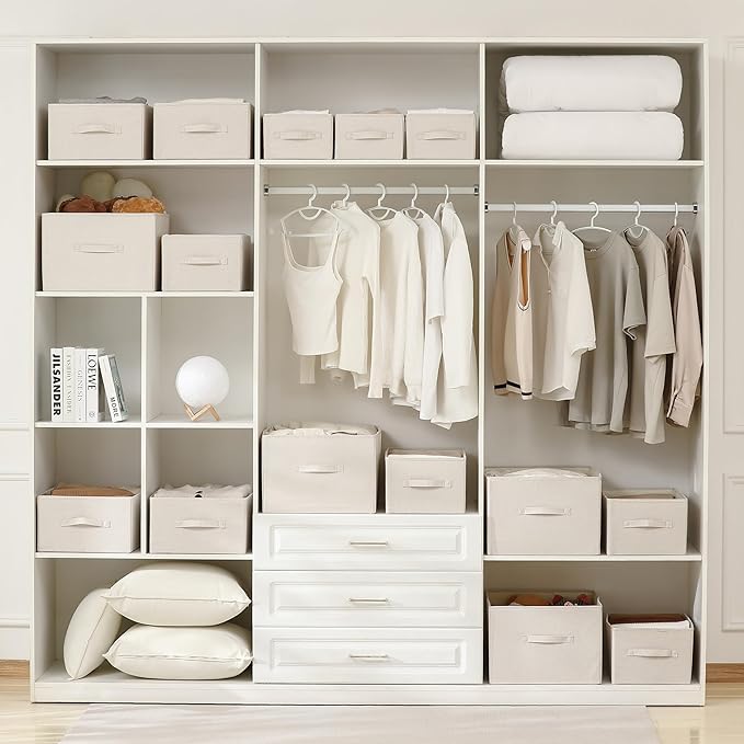 Linen Folding Storage Bins, 3 Pack Large Storage Baskets, Washable, Clothing Storage Bins with Handle, Closet Organizer for Storage Sweater,Sheets(Beige, 18½"x13½"x8½")