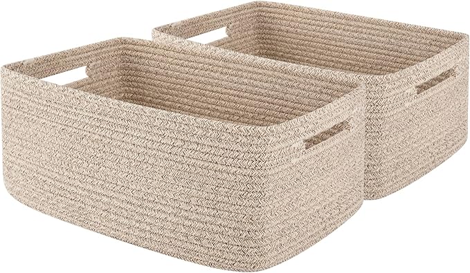 OIAHOMY Storage Basket for Shelves, Closet Cube Storage Bins Baskets for Clothes Blanket Towels, Baby Nursery, Toy Box, Woven Rope Basket, 15.75*11.81*7.09 IN, 2 Packs Brown