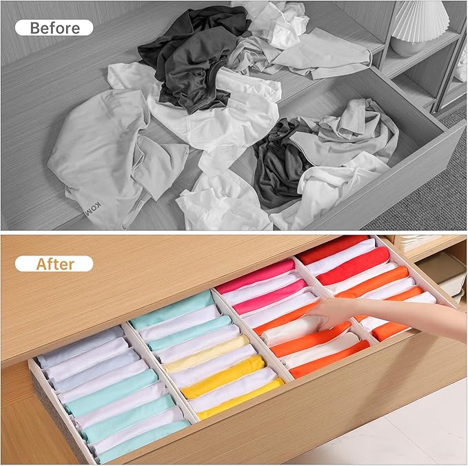 4 Packs T-shirt Drawer Organizers for Clothing,10 Grids Compartment Wardrobe Storage Box, Clothes Organizer for Folded Clothes, T-shirt, Legging-15.75''x9.06''x5.91''-GreyWhite