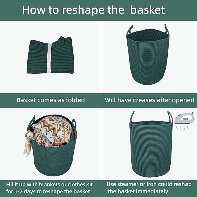 Cotton Rope Laundry Basket Hamper for Clothes Woven Storage Basket for Living Room Bedroom Boho Tall Rope Baskets for Blanket Toys Pillow Towels Baby Nursery Hamper Bin Large dark green