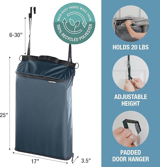 CleverMade Convertible Laundry Hamper Bag - Ocean Dark Charcoal holds 21.5L / 20 lbs 1 Compartment - Storage with Handles for Home Organization