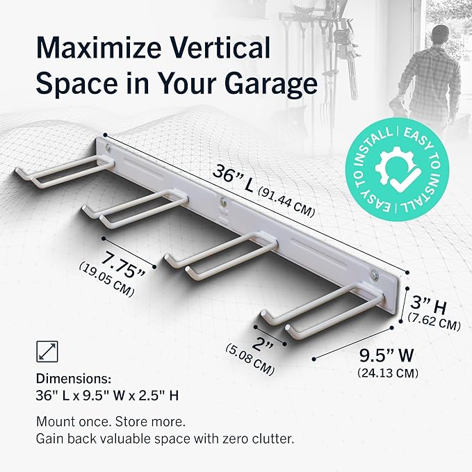 StoreYourBoard Wall-Mounted Rack With 4 Garage Hooks – Heavy-Duty Steel Holder Garage & Garden Storage for Shed, Workshop, or Home Organization – For Rakes, Shovels, Tools & More – 2 Pack, Gray