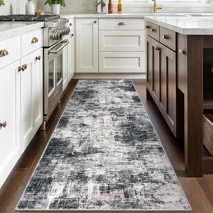 IOHOUZE Abstract Runner Rug 3x8 Ft Washable Runners for Hallways, Non Slip Kitchen Runner Printed Faux Wool Entryway Runner Indoor, Modern Abstract Floor Carpet for Hall Kitchen Bedroom, Black Grey
