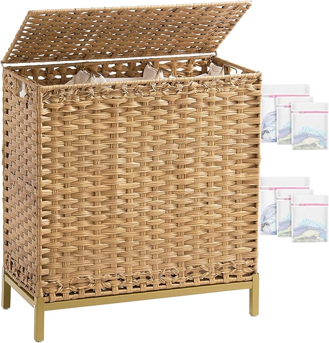 Laundry Hamper with Lid 132 L, (35 Gallons) Clothes Hamper with Lid, Handwoven Rattan Laundry Hamper with Metal Heightened Feet, Laundry Hampers with 3 Removable Liner Bags for Laundry-Natural