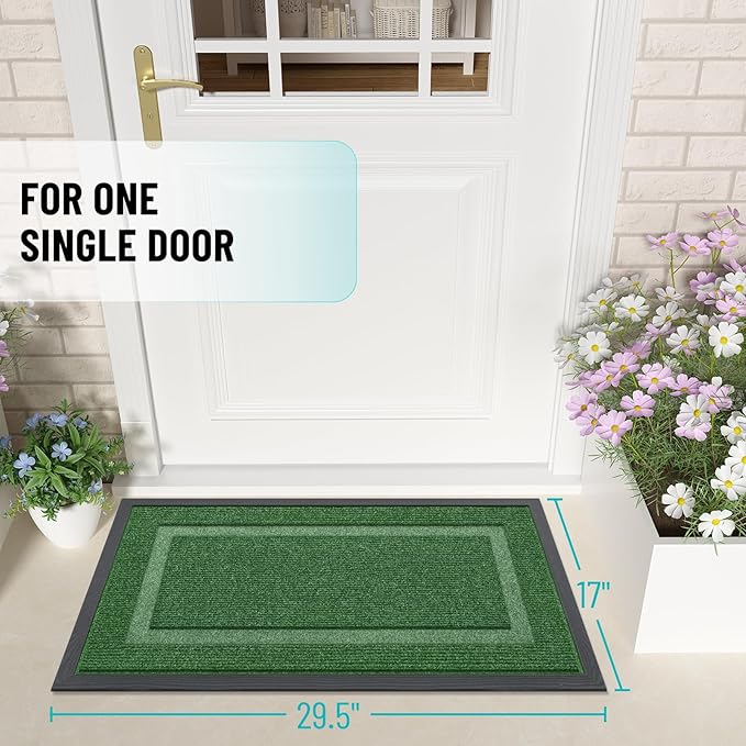 OLANLY Front Door Mat Indoor Outdoor Entrance, Waterproof All-Season, All-Weather Doormat, Sturdy Natural Rubber, Fade Resistant, Low Profile, Easy Clean Patio Porch Entryway Mat, 29.5x17, Green