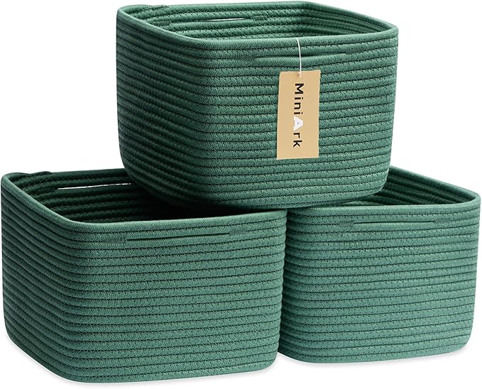 Small Organizing Baskets for Cubes Shelf, 9.7x9.7x7.1 Inch Rope Woven Storage Bins for Nursery Shelves Storage, Cute Toy Basket, Square 3 Packs Green