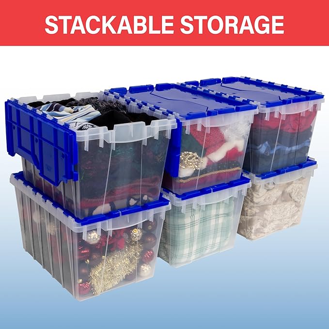 Akro-Mils KeepBox 18 Gallon Storage Container, Nesting and Stackable Plastic Storage Box with Lid Attached, Clear Tote for Garages, Closets, and Moving, 21" x 15" x 17", Clear/Green